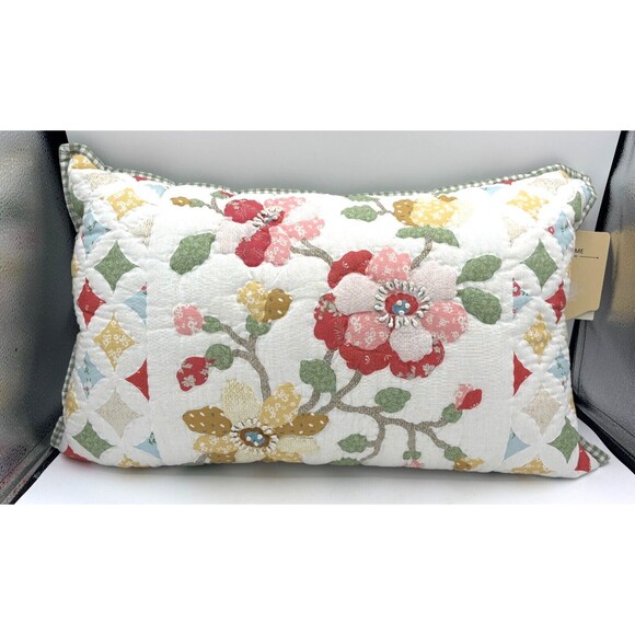 The Home Quilted Look Zipper Pillow Sham Floral Green Gingham Trim & Backing NWT - Picture 12 of 14